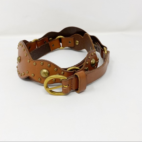 Vintage Tan Leather Studded Chain Belt Small - Picture 2 of 8